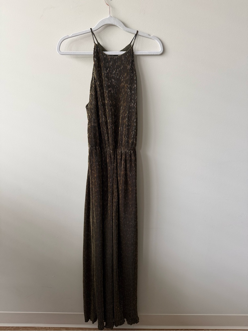 LUSH Olive Green Metallic Gold Sleeveless Wide Leg Jumpsuit